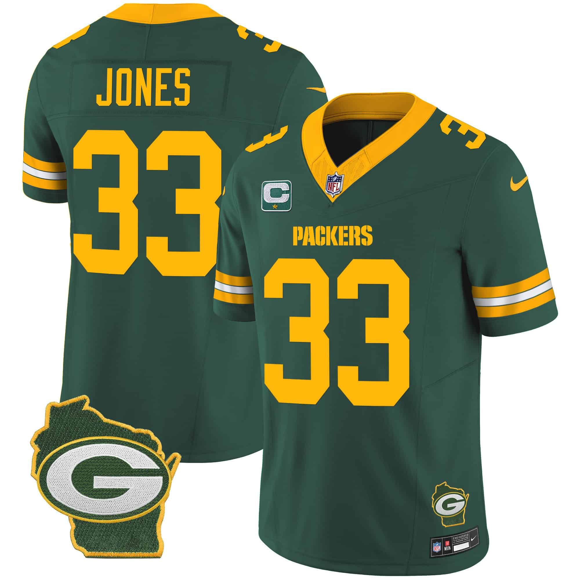 Men Green Bay Packers 33 Jones Green 2024 Nike Home Patch Vapor NFL Jersey style 1